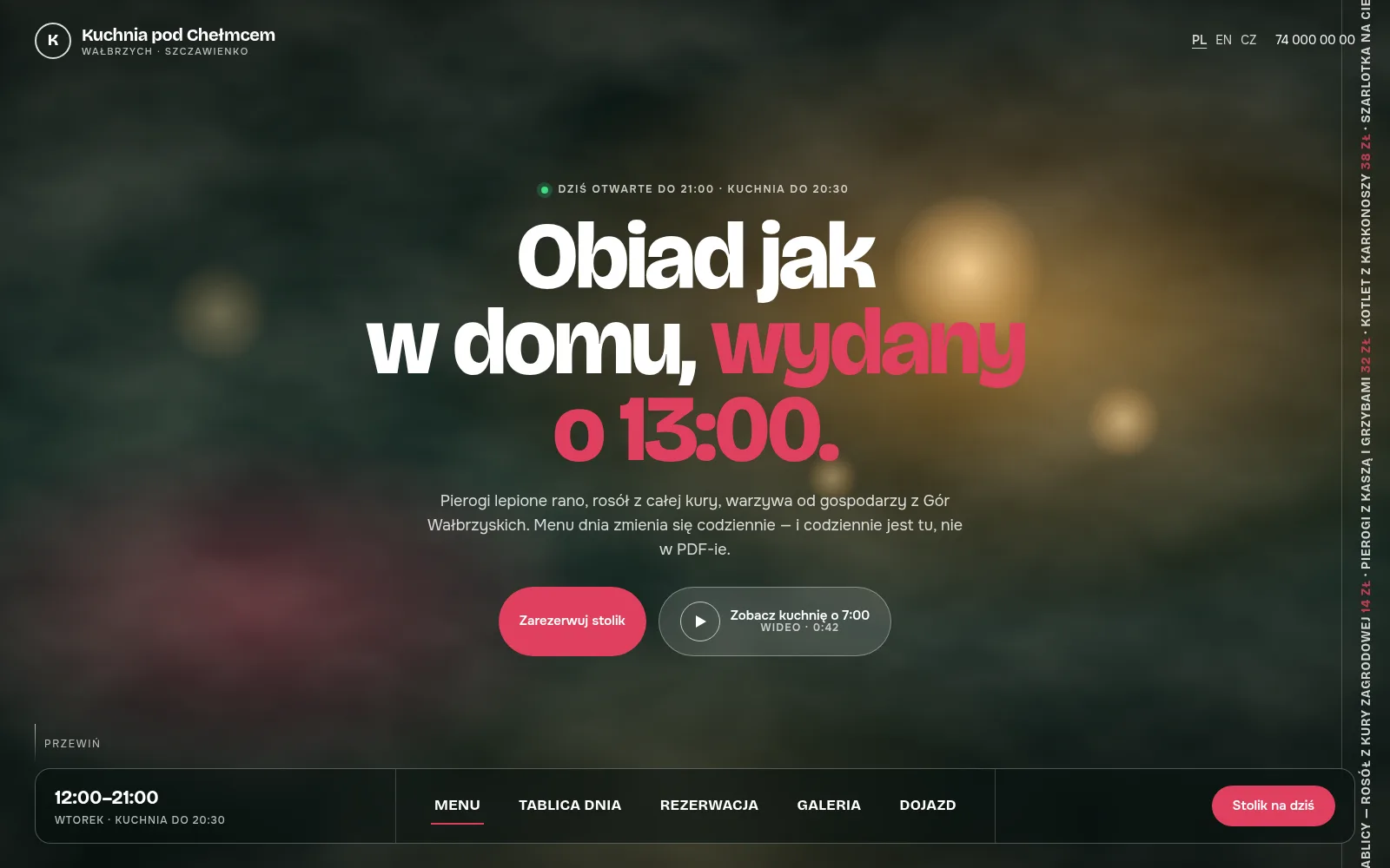 Koncepcja strony restauracji: wideo z kuchni na całym ekranie i dolna nawigacja